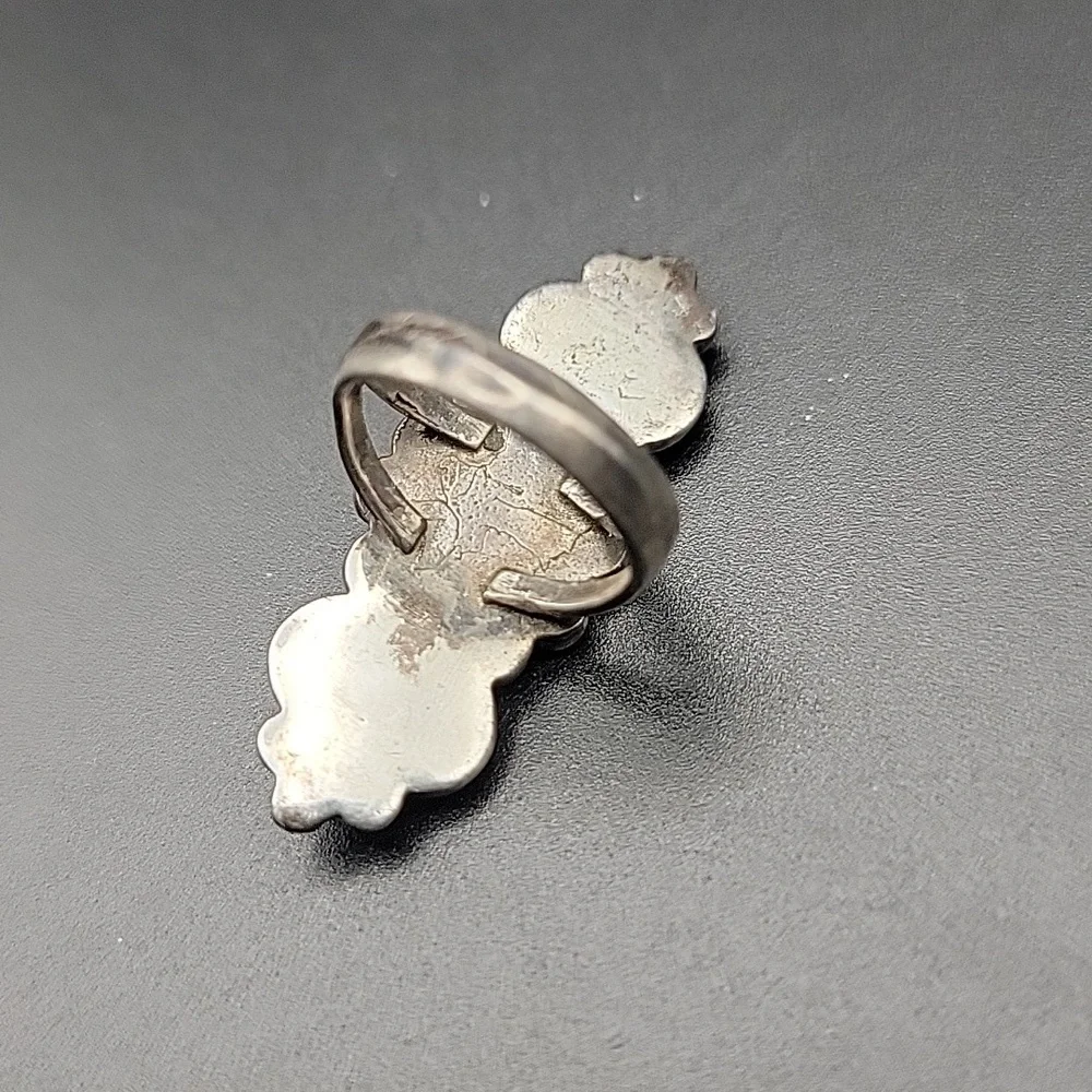 Vintage Navajo Sterling Silver Turquoise Mother Of Pearl 3-Stone Statement Ring - Picture 7 of 12